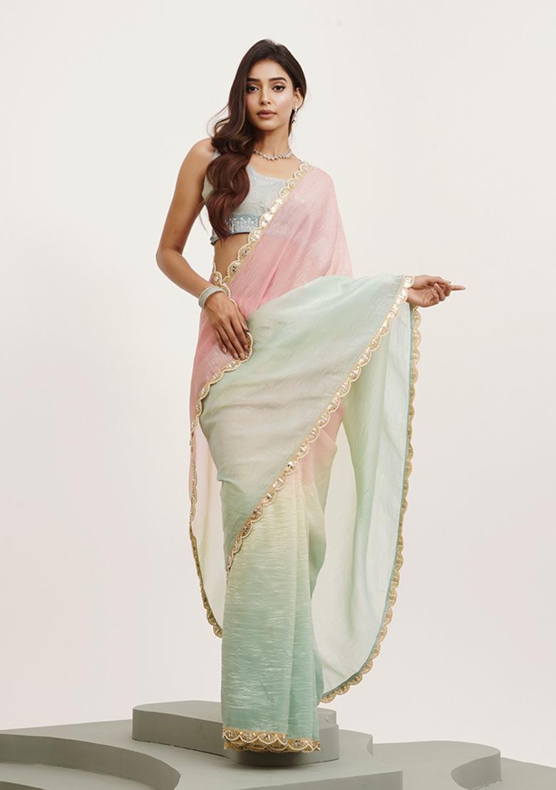 Pink Embellished Sequinned Work Tissue Saree Set