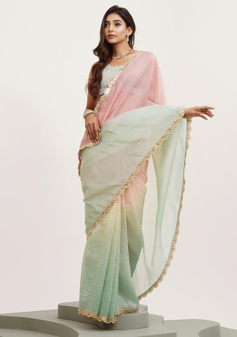 Pink Embellished Sequinned Work Tissue Saree Set