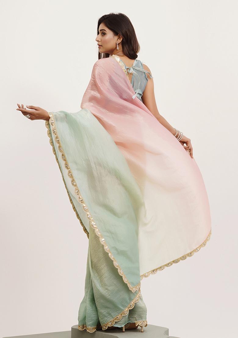 Pink Embellished Sequinned Work Tissue Saree Set