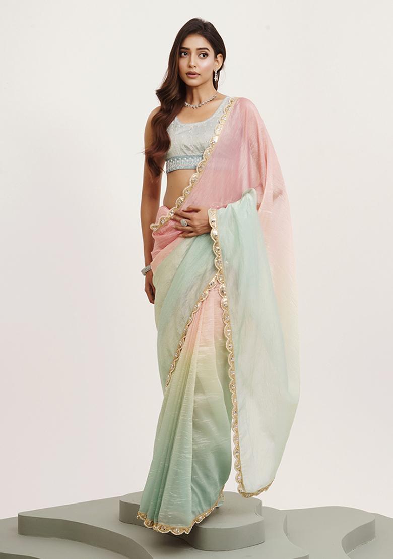 Pink Embellished Sequinned Work Tissue Saree Set
