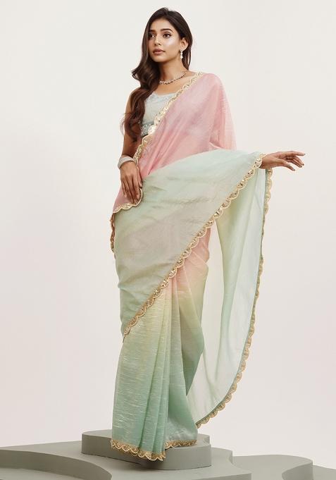 Pink Embellished Sequinned Work Tissue Saree Set