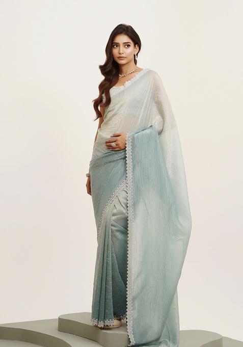 Turquoise Blue Embellished Beads And Stones Work Tissue Saree Set