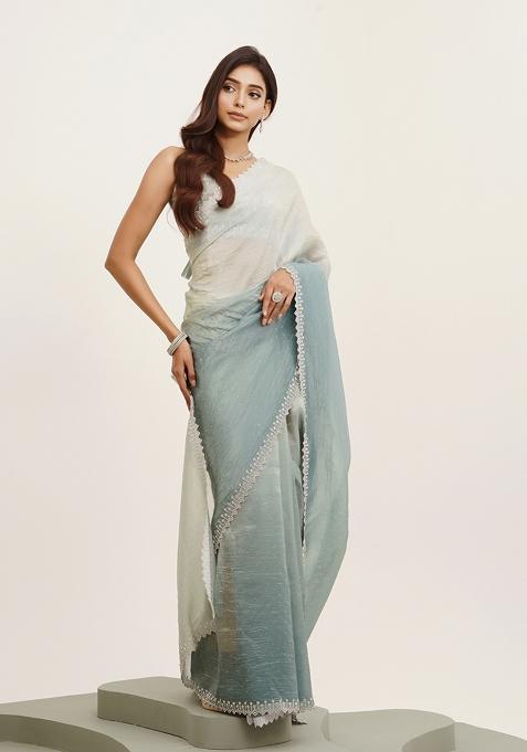 Turquoise Blue Embellished Beads And Stones Work Tissue Saree Set