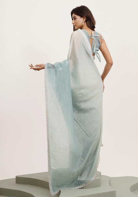 Turquoise Blue Embellished Beads And Stones Work Tissue Saree Set