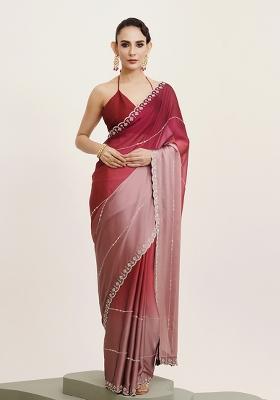 Pink Embellished Beads And Stones Work Chiffon Saree Set