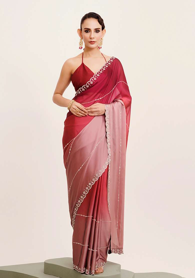 Pink Embellished Beads And Stones Work Chiffon Saree Set - Indya