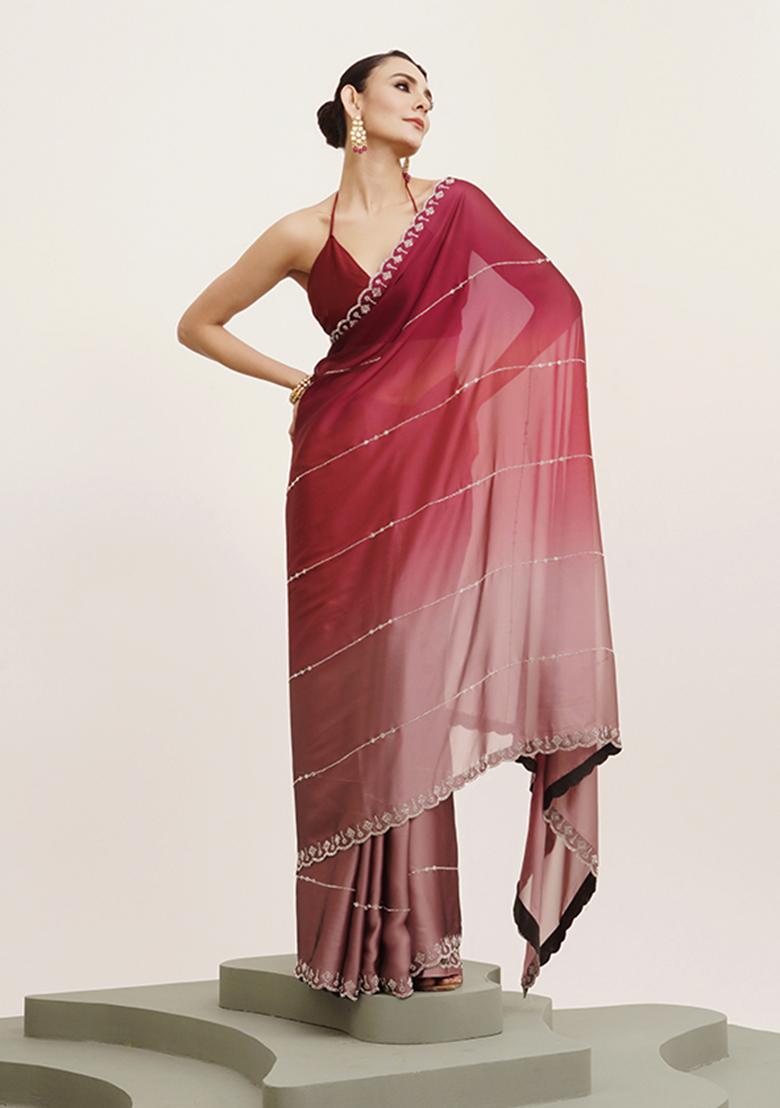 Pink Embellished Beads And Stones Work Chiffon Saree Set