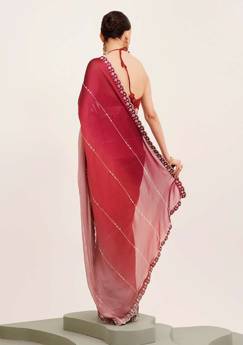 Pink Embellished Beads And Stones Work Chiffon Saree Set - Indya