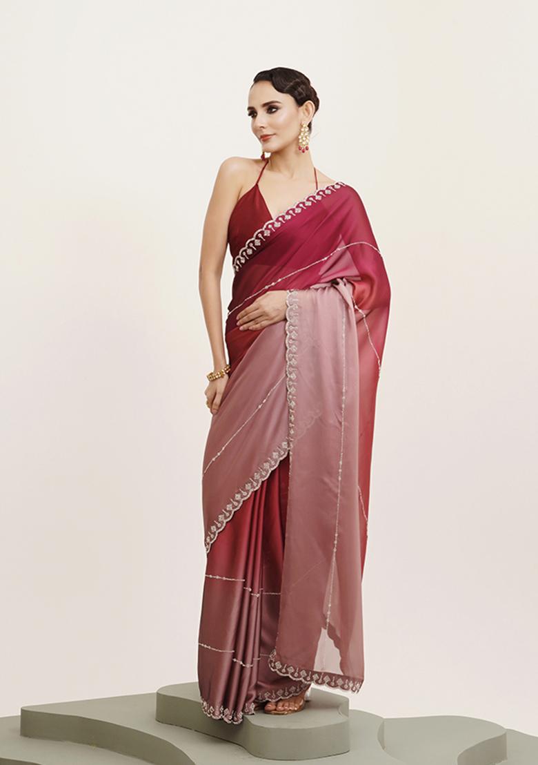 Pink Embellished Beads And Stones Work Chiffon Saree Set