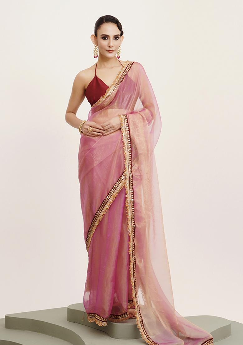 Pink Embellished Sequinned Work Tissue Saree Set