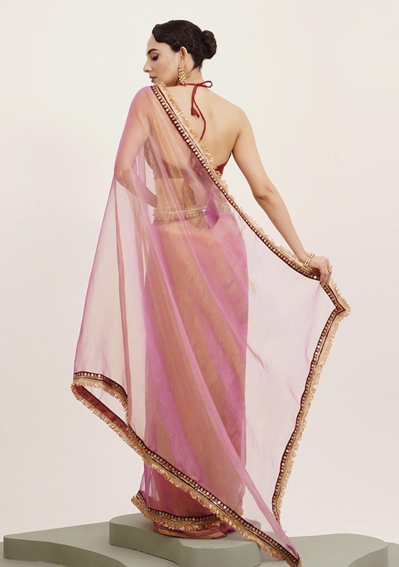 Pink Embellished Sequinned Work Tissue Saree Set