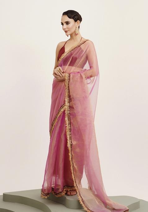 Pink Embellished Sequinned Work Tissue Saree Set