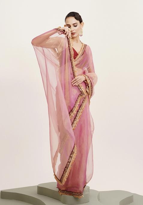 Pink Embellished Sequinned Work Tissue Saree Set