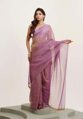 Lavender Solid Tissue With Tassels Tissue Saree Set