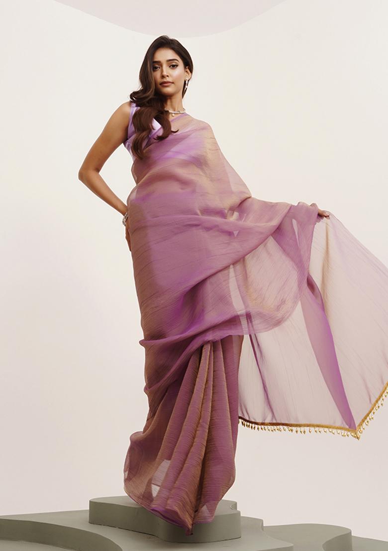 Lavender Solid Tissue With Tassels Tissue Saree Set