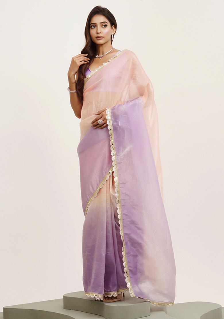 Peach Embellished Sequinned Work Tissue Saree Set
