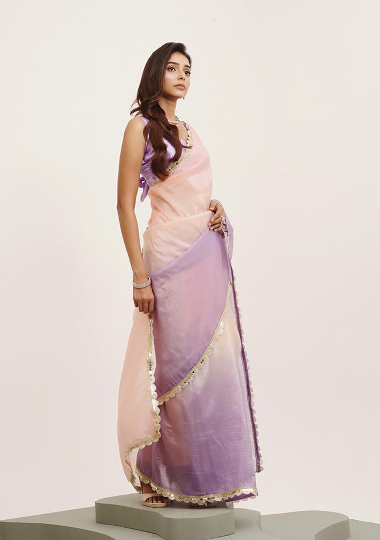 Peach Embellished Sequinned Work Tissue Saree Set