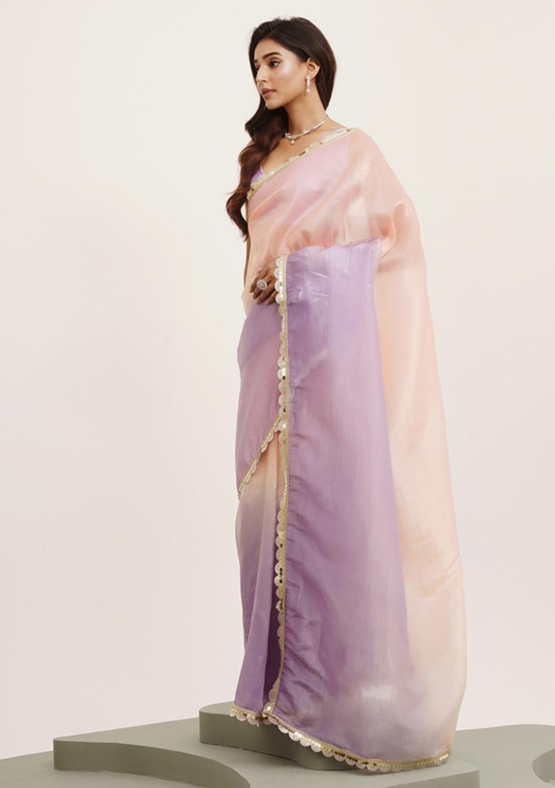 Peach Embellished Sequinned Work Tissue Saree Set