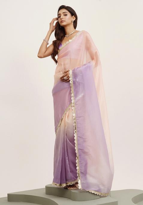 Peach Embellished Sequinned Work Tissue Saree Set