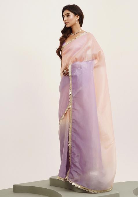 Peach Embellished Sequinned Work Tissue Saree Set