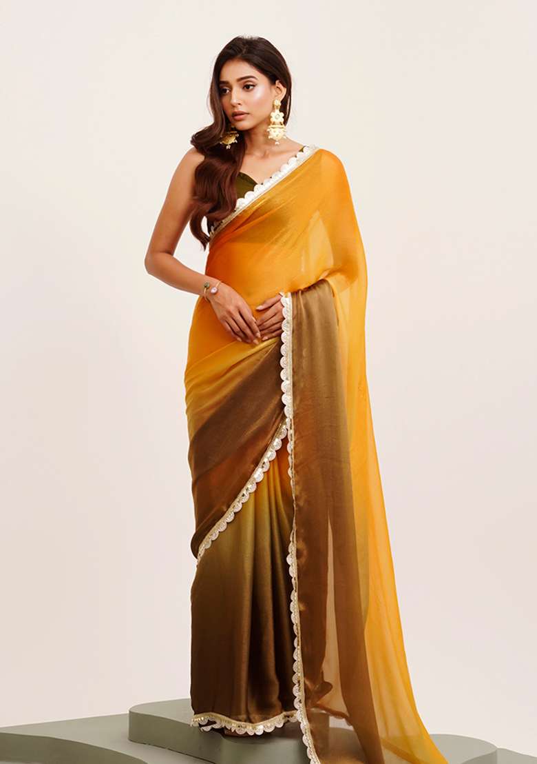 Mustard Yellow Embellished Sequinned Work Chiffon Saree Set - Indya