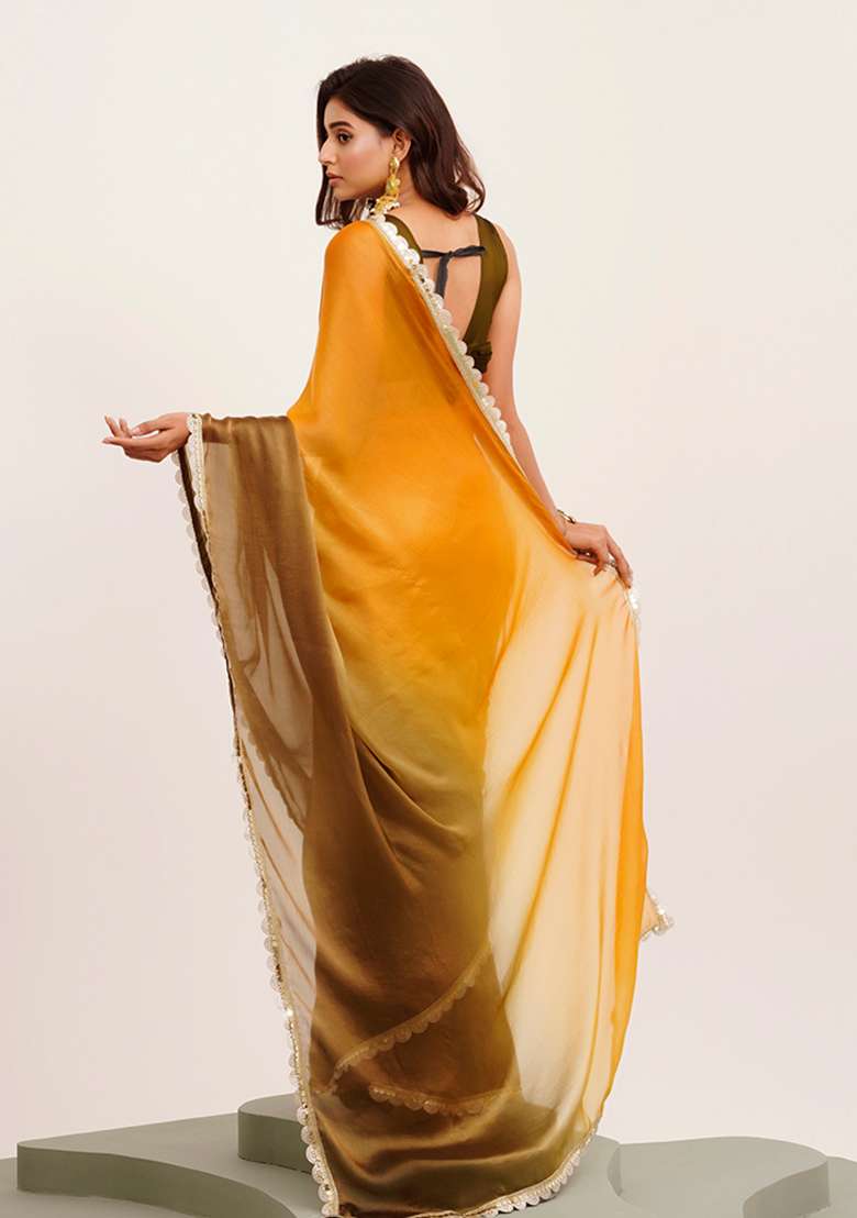 Mustard Yellow Embellished Sequinned Work Chiffon Saree Set - Indya