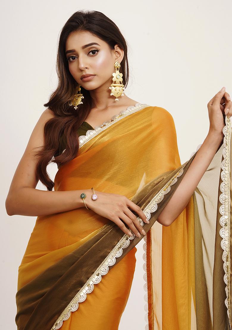 Mustard Yellow Embellished Sequinned Work Chiffon Saree Set