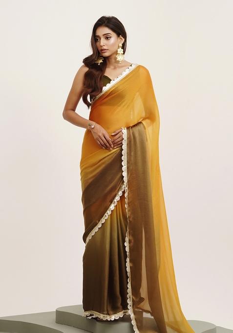Mustard Yellow Embellished Sequinned Work Chiffon Saree Set