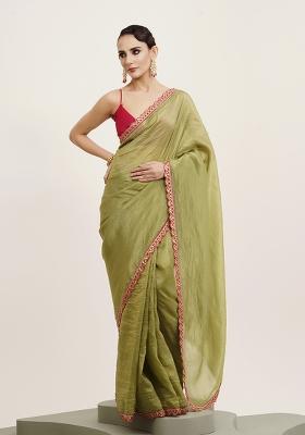 Green Embellished Sequinned Work Tissue Saree Set