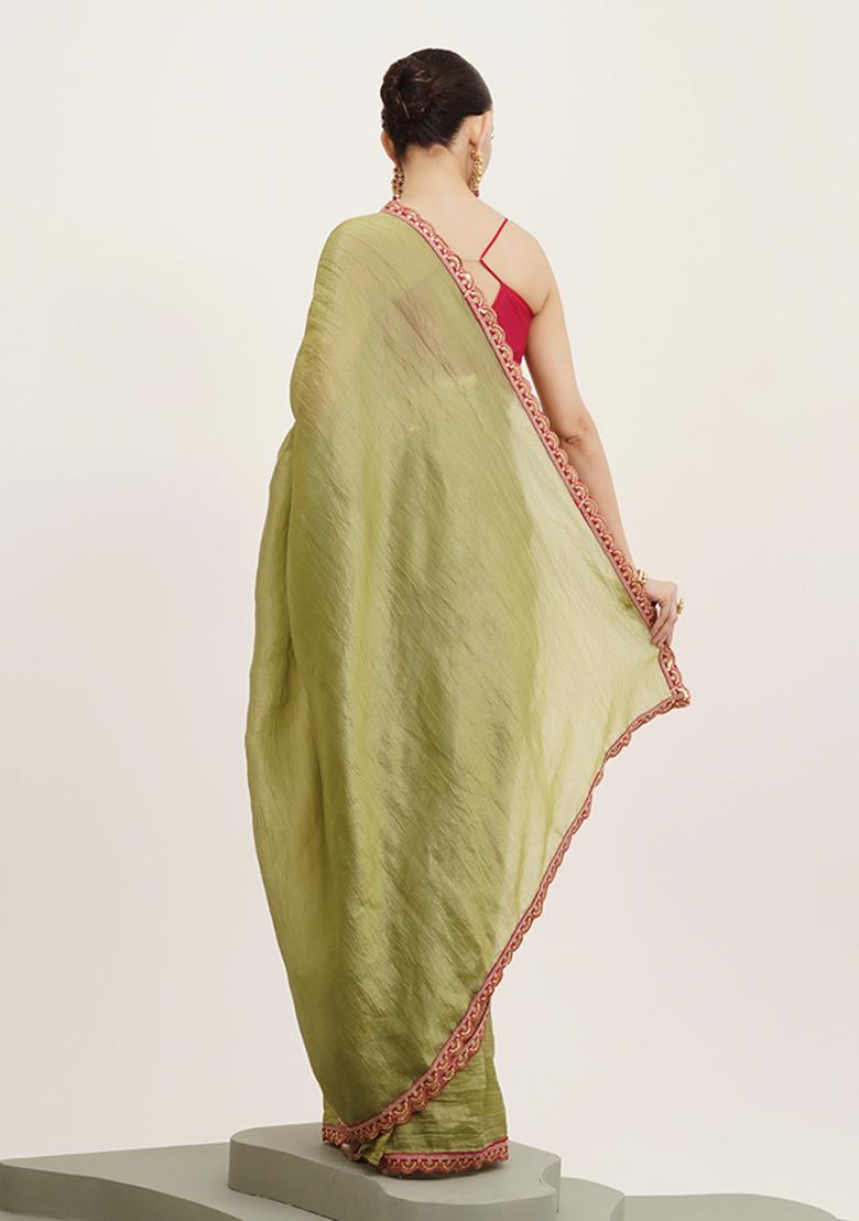 Green Embellished Sequinned Work Tissue Saree Set