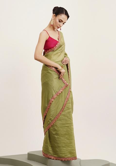 Green Embellished Sequinned Work Tissue Saree Set