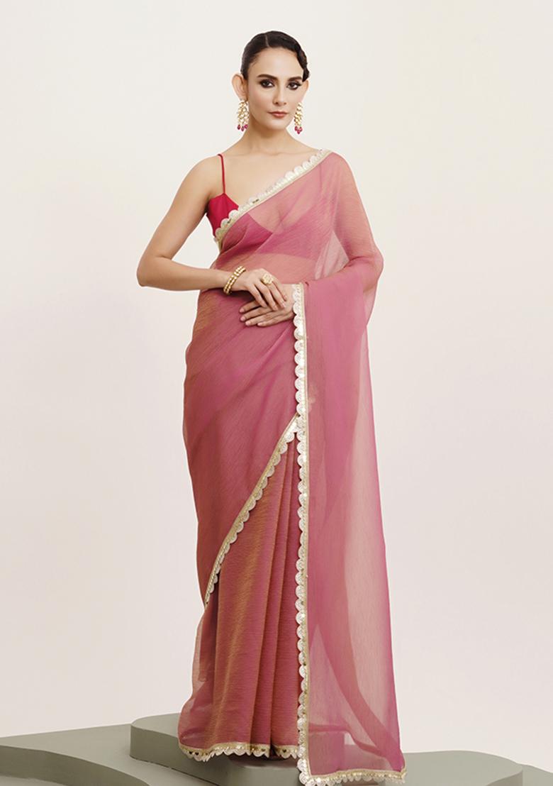 Pink Embellished Sequinned Work Tissue Saree Set