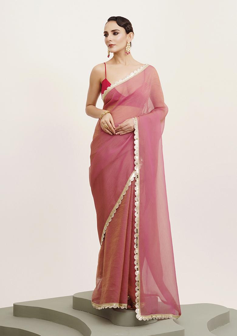 Pink Embellished Sequinned Work Tissue Saree Set