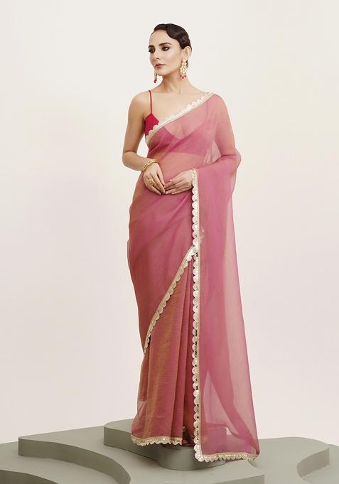 Pink Embellished Sequinned Work Tissue Saree Set