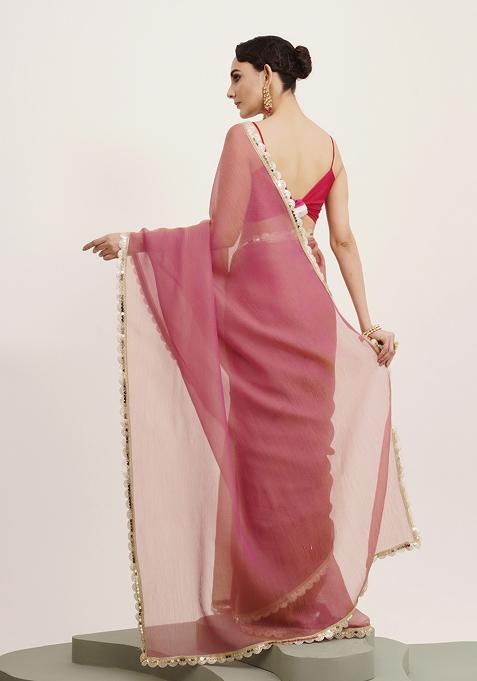 Pink Embellished Sequinned Work Tissue Saree Set