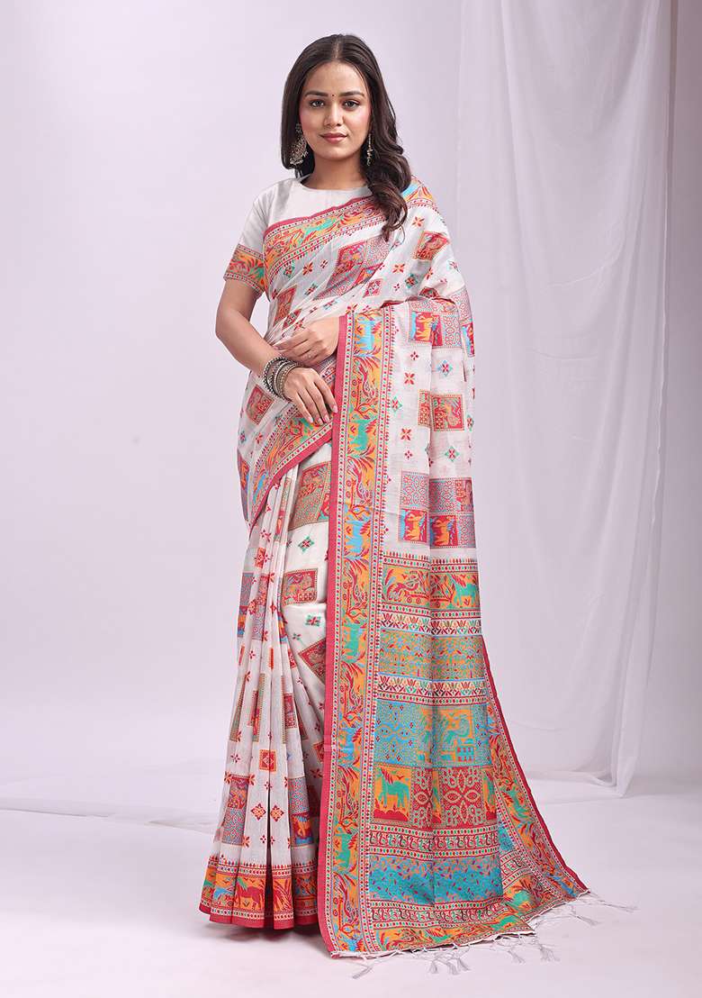 White Wevon Thread Designer Linen Cotton Saree Set - Indya