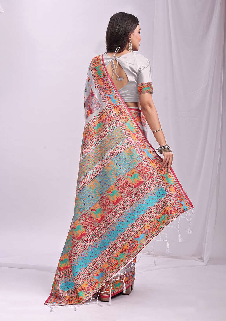 White Wevon Thread Designer Linen Cotton Saree Set - Indya