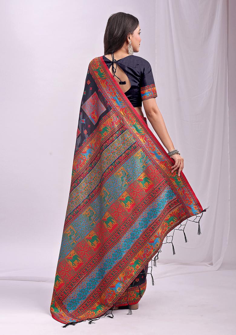 Navy Blue Wevon Thread Designer Linen Cotton Saree Set