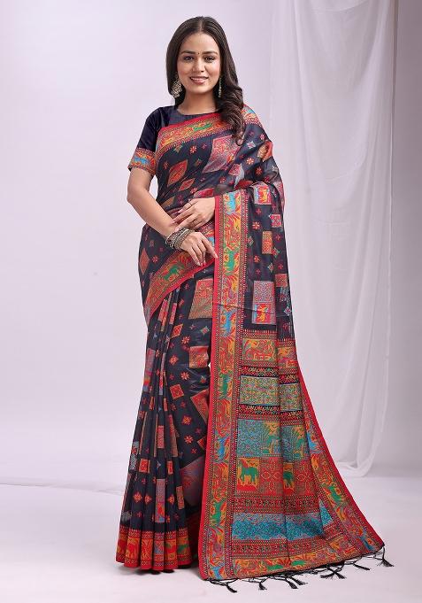 Navy Blue Wevon Thread Designer Linen Cotton Saree Set