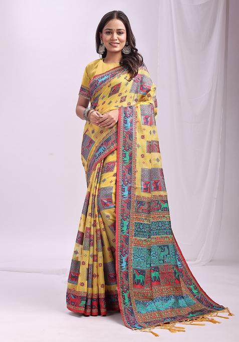 Yellow Wevon Thread Designer Linen Cotton Saree Set