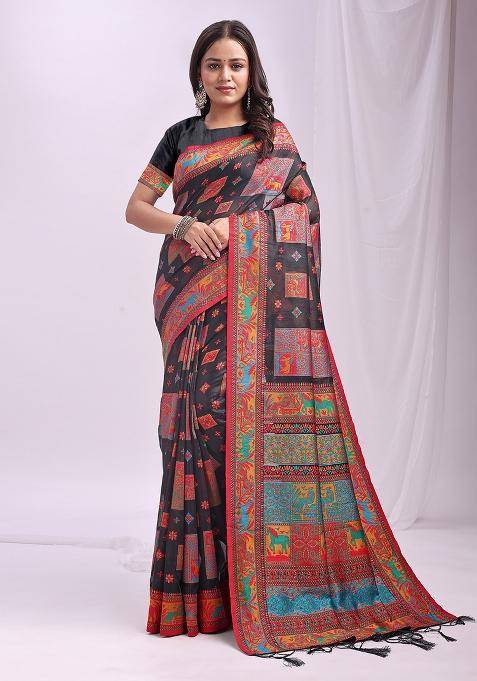Black Wevon Thread Designer Linen Cotton Saree Set