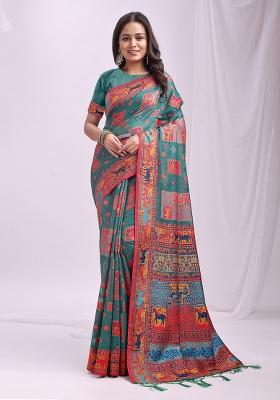 Rama Green Wevon Thread Designer Linen Cotton Saree Set