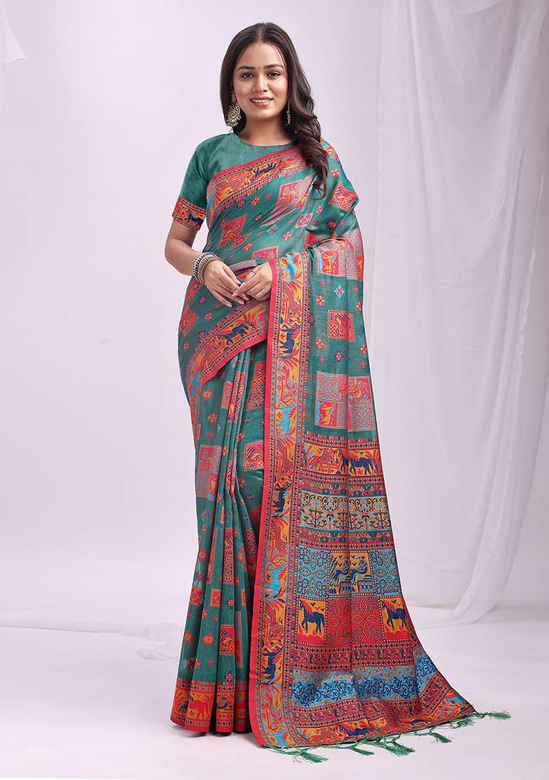 Rama Green Wevon Thread Designer Linen Cotton Saree Set - Indya