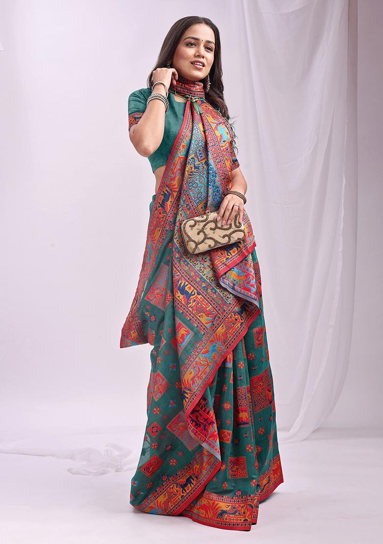 Rama Green Wevon Thread Designer Linen Cotton Saree Set