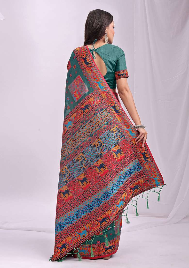 Rama Green Wevon Thread Designer Linen Cotton Saree Set - Indya