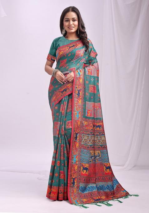 Rama Green Wevon Thread Designer Linen Cotton Saree Set