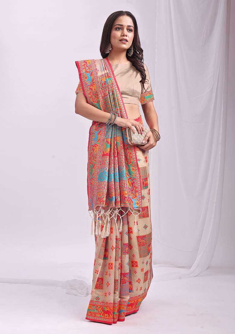 Off White Wevon Thread Designer Linen Cotton Saree Set - Indya