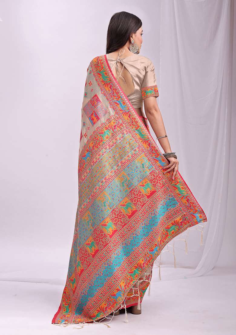 Off White Wevon Thread Designer Linen Cotton Saree Set - Indya
