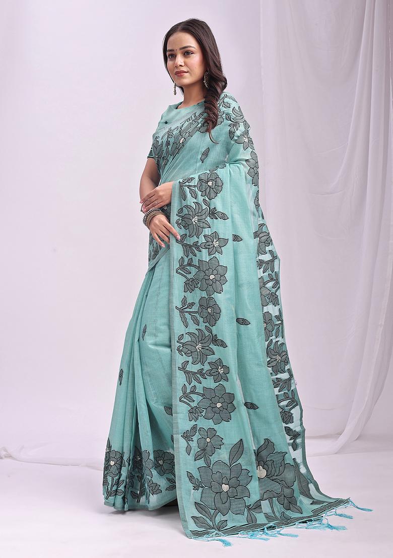 Sea Green Wevon Thread Designer Linen Cotton Saree Set