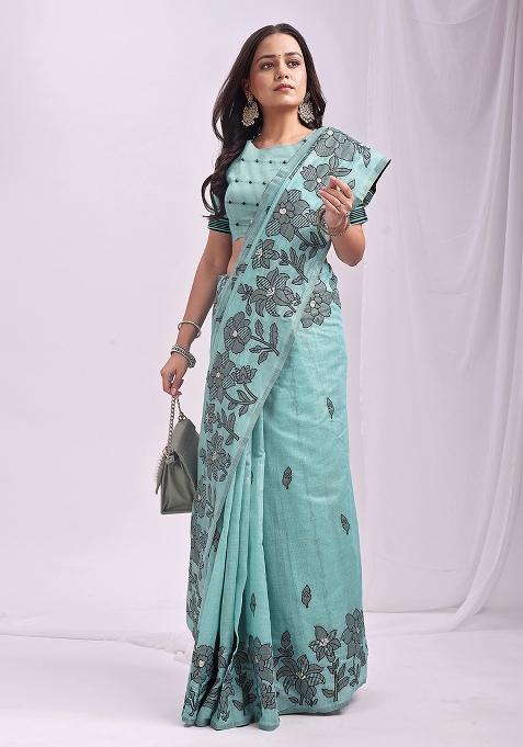 Sea Green Wevon Thread Designer Linen Cotton Saree Set
